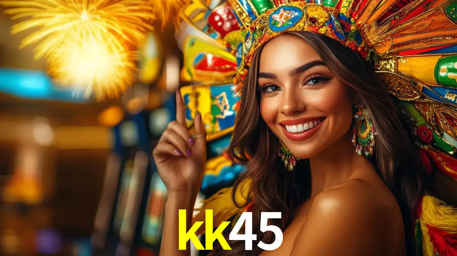 Mulher sorridente com um cocar de carnaval vibrante e colorido, celebrando uma grande vitória nos jogos do cassino kk45 com fogos de artifício ao fundo.
