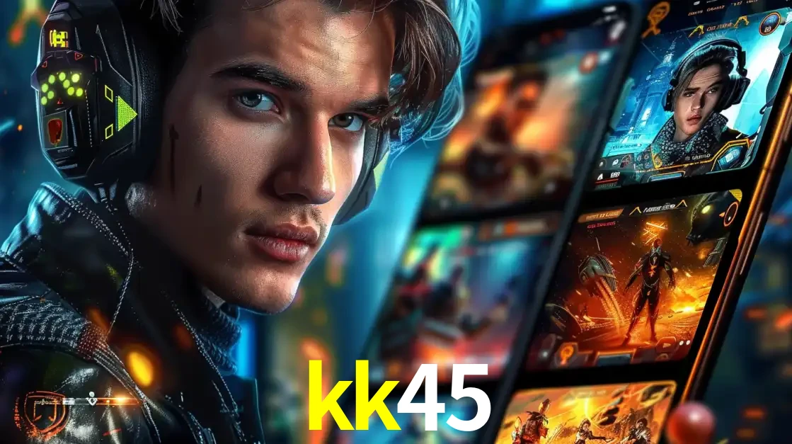 Jovem jogador com fones de ouvido olhando para a câmera, com um aplicativo de jogos e e-sports para celular ao fundo, pronto para a competição e apostas no kk45.