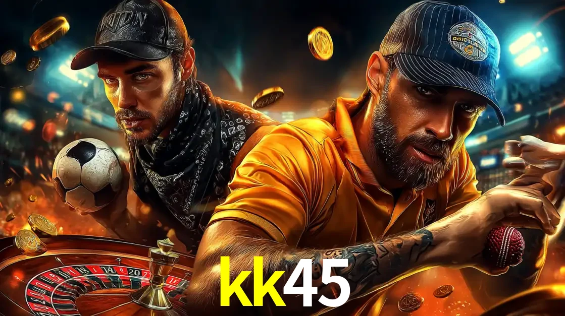 Montagem de apostas esportivas e cassino no kk45, com um homem segurando uma bola de futebol e outro uma de beisebol sobre uma roleta e moedas voadoras.