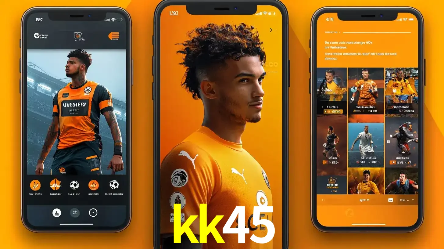 Interface do aplicativo de apostas esportivas kk45 em três telas de celular, mostrando o perfil de um jogador de futebol e a lista de jogos disponíveis para apostar.
