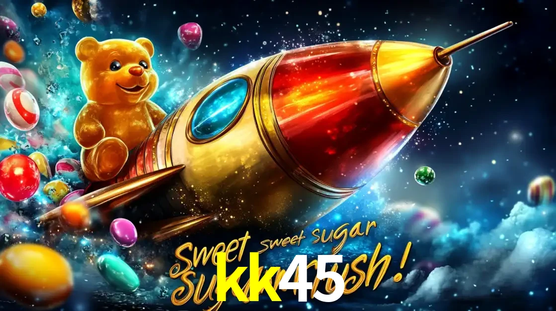 Arte promocional do jogo de slot Sugar Rush, com um urso de pelúcia em um foguete viajando pelo espaço de doces, um dos jogos divertidos disponíveis no cassino kk45.