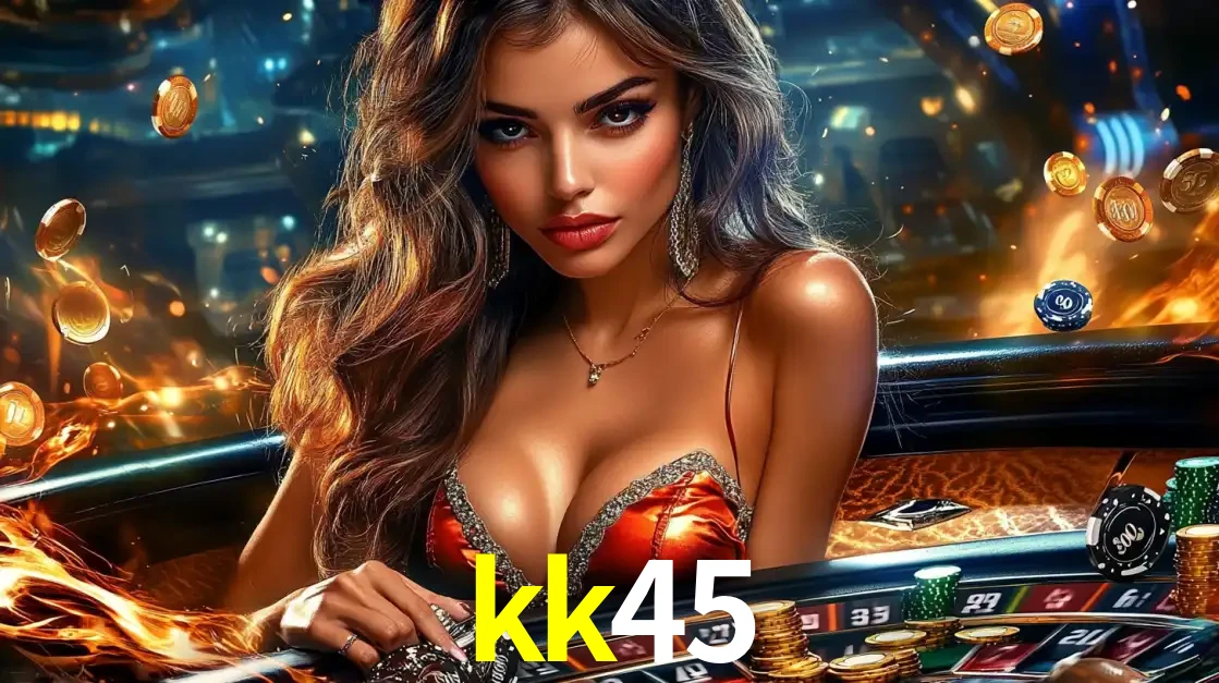 Mulher glamourosa em uma mesa de roleta com um fundo de chamas e moedas voadoras, pronta para fazer sua aposta e ganhar grandes prêmios no cassino ao vivo kk45.