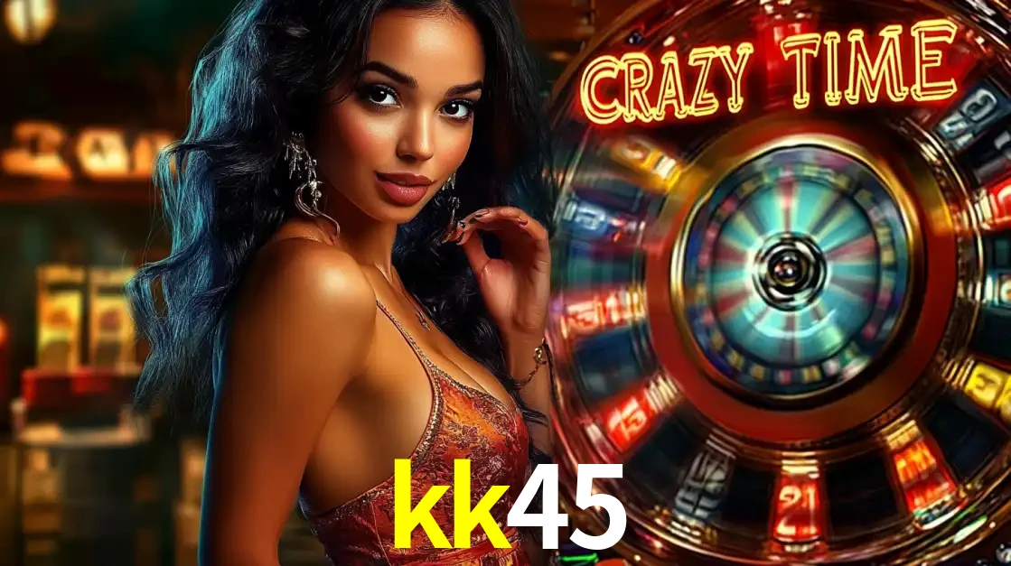 Mulher elegante ao lado da vibrante roda da fortuna do jogo de cassino ao vivo Crazy Time, um dos game shows mais populares e cheios de prêmios do kk45.