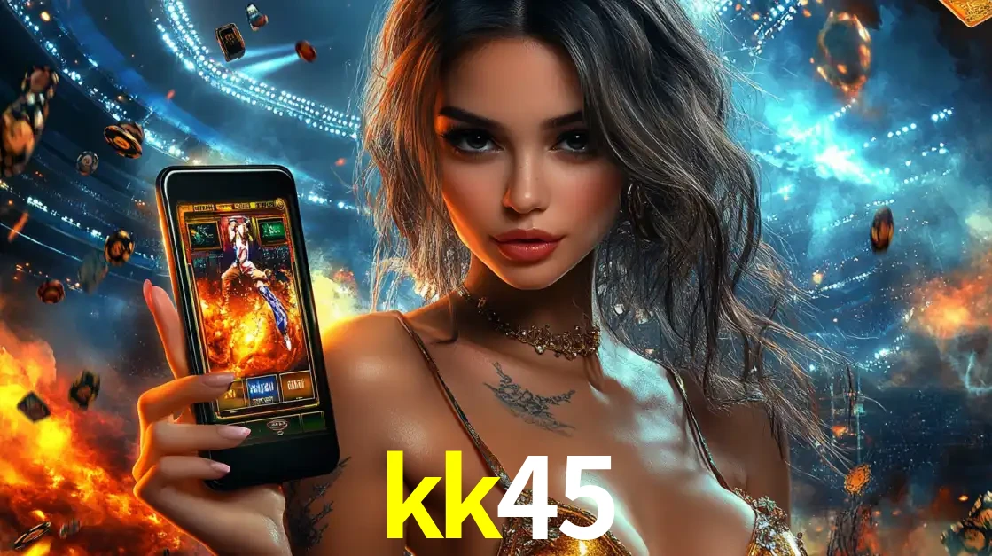 Mulher segurando um celular com um jogo de slot em destaque, tendo como fundo um estádio vibrante, simbolizando a emoção de jogar no cassino móvel kk45.