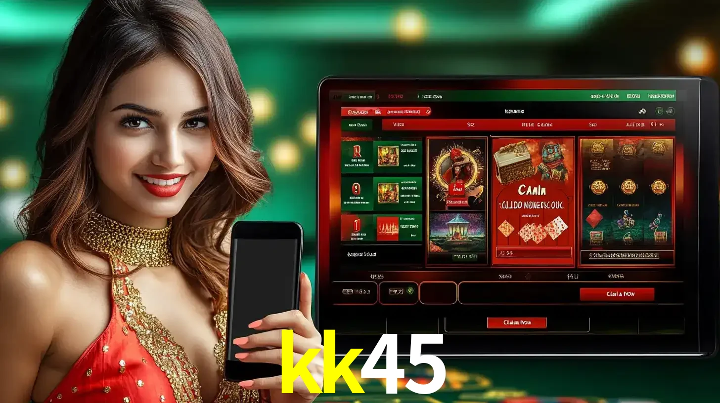 Mulher sorridente segurando um smartphone, ao lado de uma tela exibindo o lobby de jogos do cassino online kk45, com várias opções de jogos de cartas e slots.